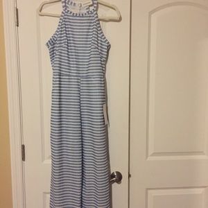STRIPED HALTER-NECK BELTED JUMPSUIT